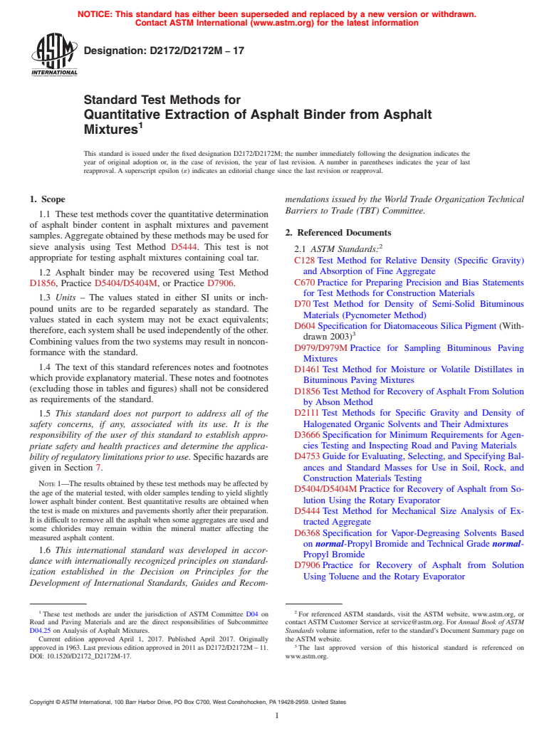 ASTM D2172/D2172M-17 - Standard Test Methods for Quantitative Extraction of Asphalt Binder from Asphalt Mixtures