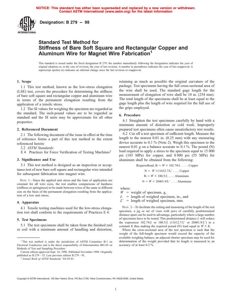 ASTM B279-98 - Standard Test Method for Stiffness of Bare Soft Square and Rectangular Copper and Aluminum Wire for Magnet Wire Fabrication