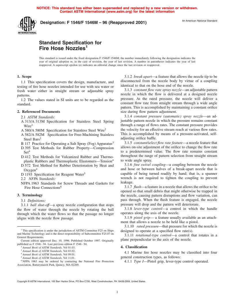 ASTM F1546/F1546M-96(2001) - Standard Specification for Fire Hose Nozzles