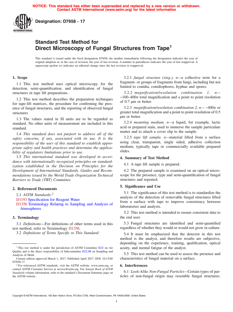 ASTM D7658-17 - Standard Test Method for Direct Microscopy of Fungal Structures from Tape