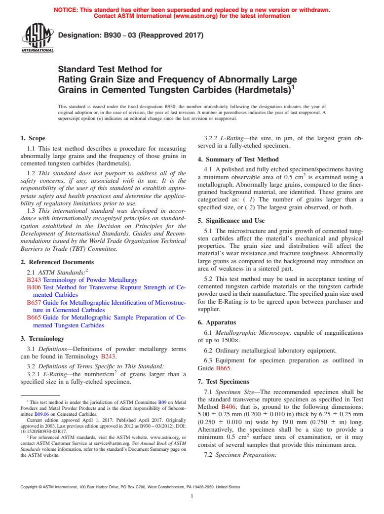 ASTM B930-03(2017) - Standard Test Method for  Rating Grain Size and Frequency of Abnormally Large Grains  in Cemented Tungsten Carbides (Hardmetals)