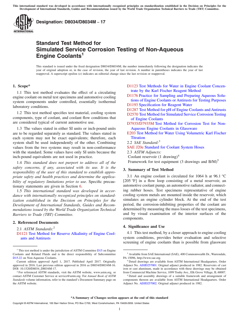 ASTM D8034/D8034M-17 - Standard Test Method for Simulated Service Corrosion Testing of Non-Aqueous Engine Coolants