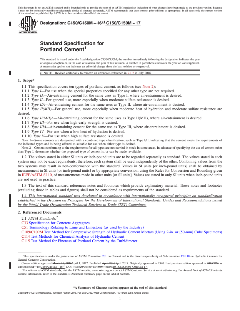 REDLINE ASTM C150/C150M-17 - Standard Specification for  Portland Cement