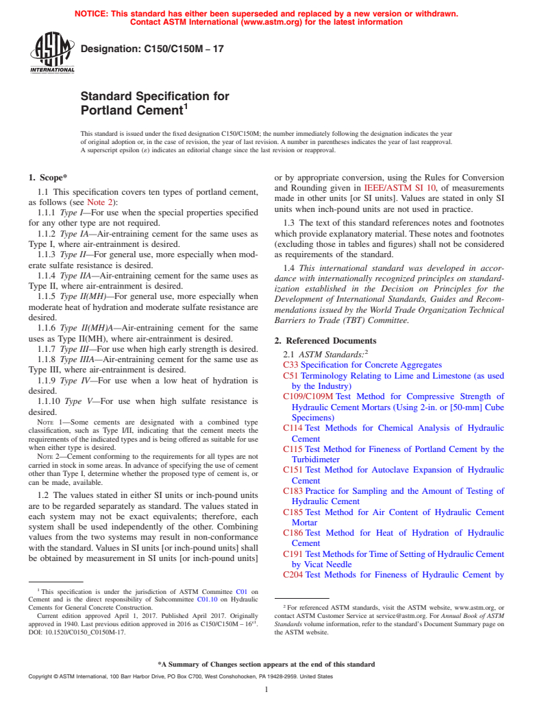 ASTM C150/C150M-17 - Standard Specification for  Portland Cement