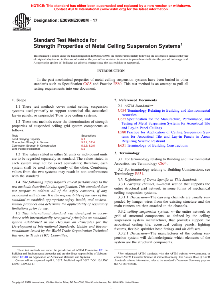 ASTM E3090/E3090M-17 - Standard Test Methods for Strength Properties of Metal Ceiling Suspension Systems