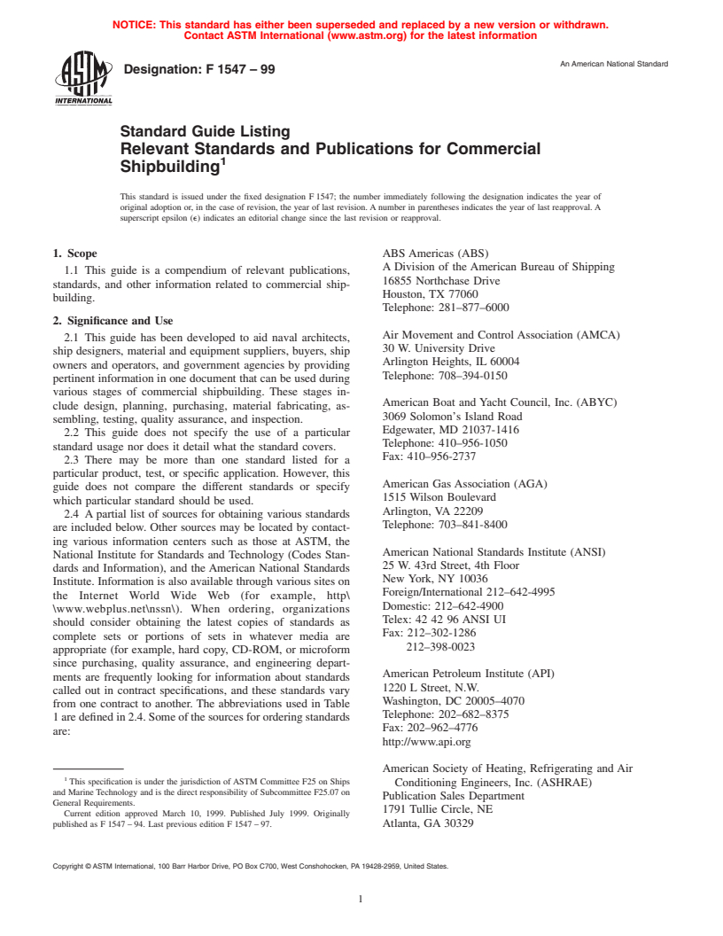 ASTM F1547-99 - Standard Guide for Listing Relevant Standards and Publications for Commercial Shipbuilding