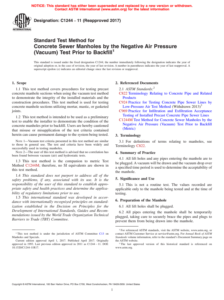 ASTM C1244-11(2017) - Standard Test Method for Concrete Sewer Manholes by the Negative Air Pressure (Vacuum)  Test Prior to Backfill