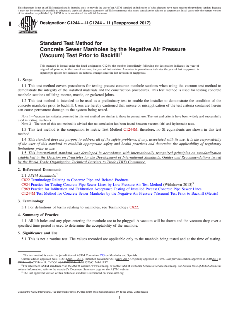 REDLINE ASTM C1244-11(2017) - Standard Test Method for Concrete Sewer Manholes by the Negative Air Pressure (Vacuum)  Test Prior to Backfill