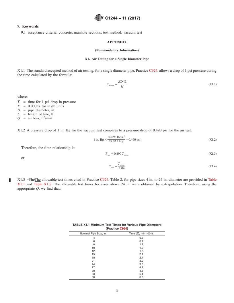 REDLINE ASTM C1244-11(2017) - Standard Test Method for Concrete Sewer Manholes by the Negative Air Pressure (Vacuum)  Test Prior to Backfill