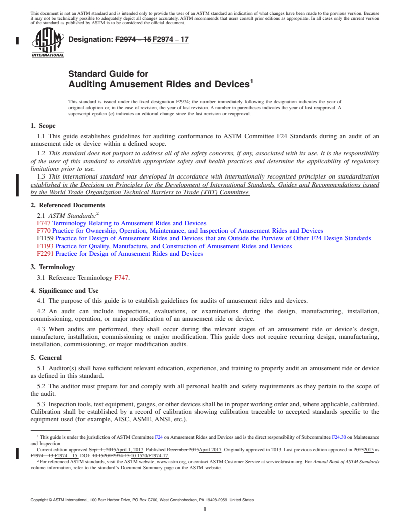 REDLINE ASTM F2974-17 - Standard Guide for Auditing Amusement Rides and Devices