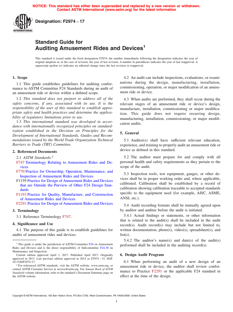 ASTM F2974-17 - Standard Guide for Auditing Amusement Rides and Devices