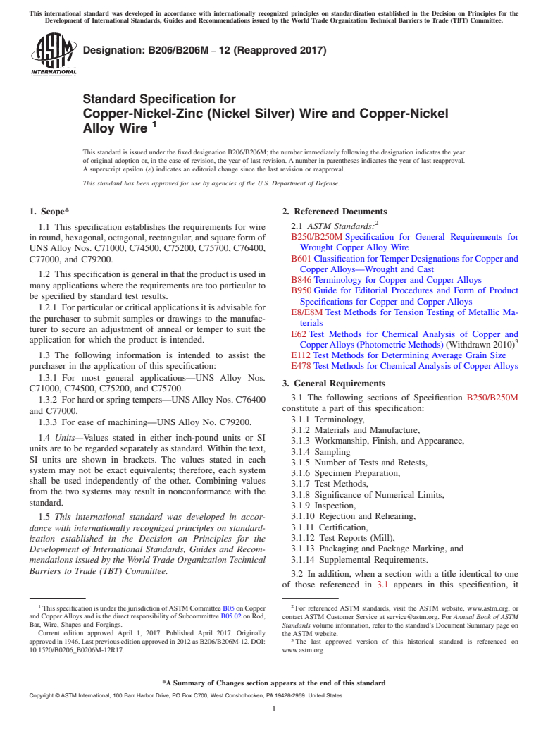 ASTM B206/B206M-12(2017) - Standard Specification for Copper-Nickel-Zinc (Nickel Silver) Wire and Copper-Nickel Alloy  Wire