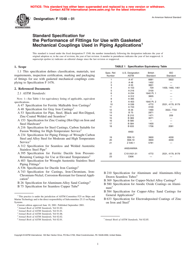 ASTM F1548-01 - Standard Specification for the Performance of Fittings for Use with Gasketed Mechanical Couplings Used in Piping Applications