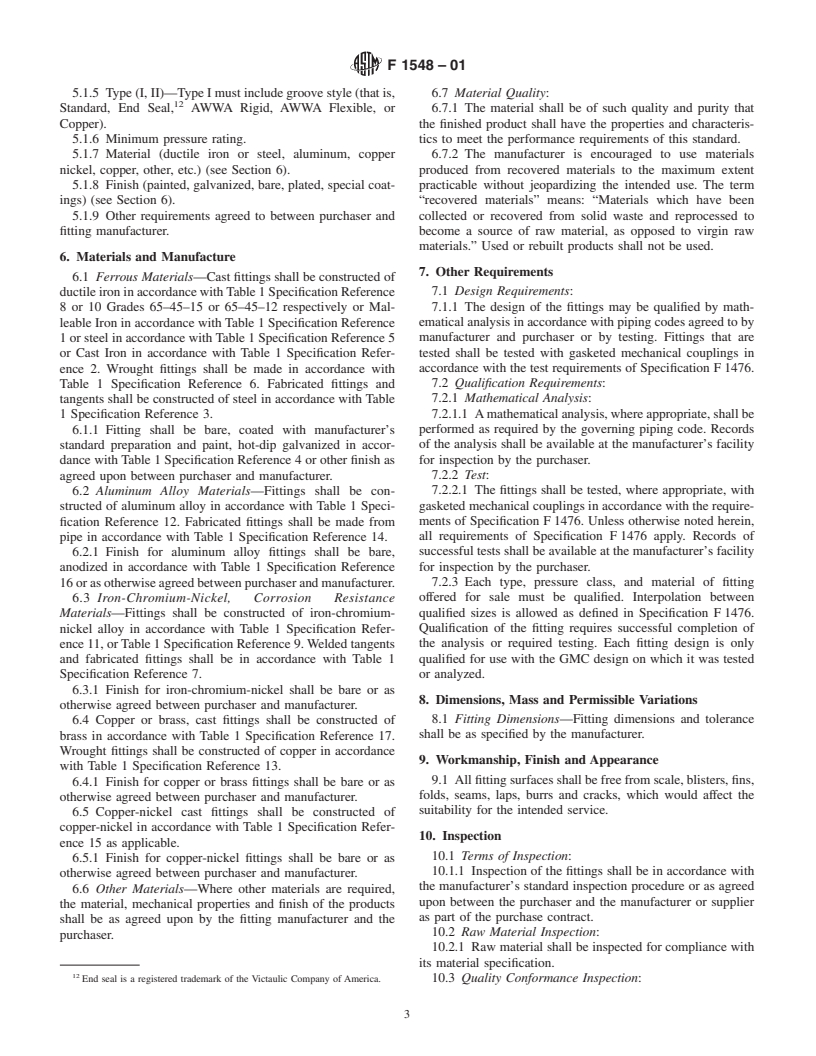 ASTM F1548-01 - Standard Specification for the Performance of Fittings for Use with Gasketed Mechanical Couplings Used in Piping Applications