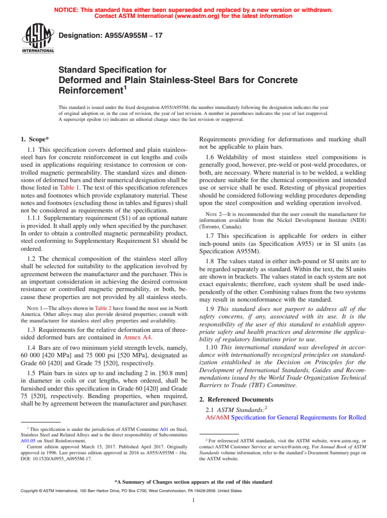 ASTM A955/A955M-17 - Standard Specification for  Deformed and Plain Stainless-Steel Bars for Concrete Reinforcement