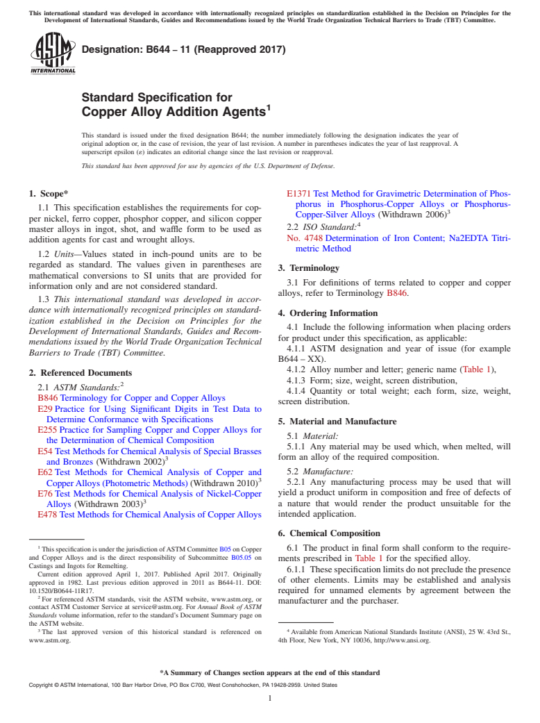 ASTM B644-11(2017) - Standard Specification for Copper Alloy Addition Agents