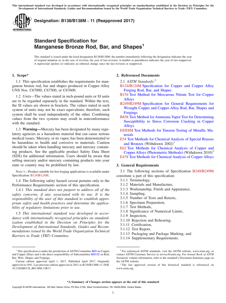 ASTM B138/B138M-11(2017) - Standard Specification for Manganese Bronze Rod, Bar, and Shapes