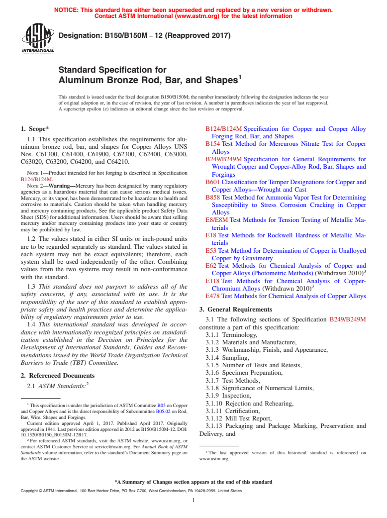 ASTM B150/B150M-12(2017) - Standard Specification for Aluminum Bronze Rod, Bar, and Shapes