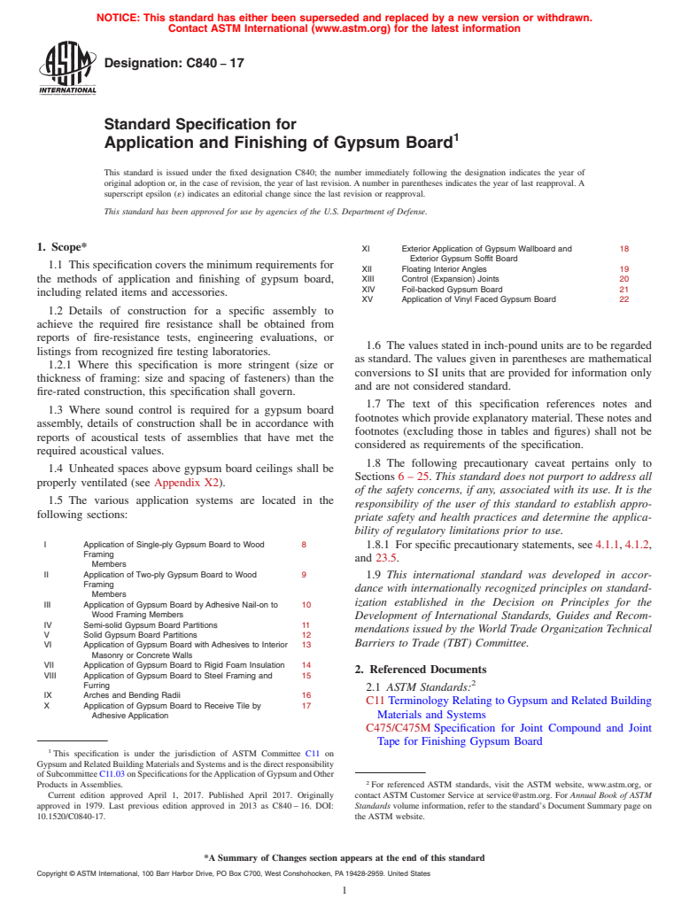 ASTM C840-17 - Standard Specification for  Application and Finishing of Gypsum Board