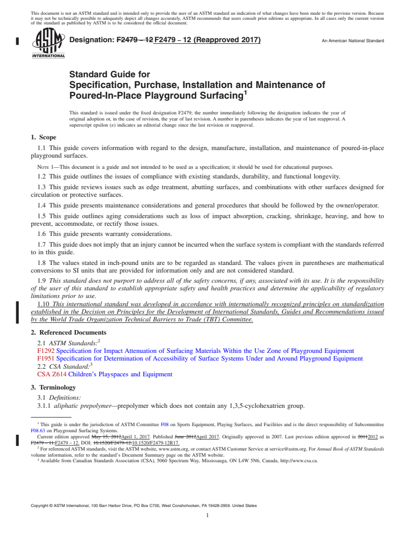 REDLINE ASTM F2479-12(2017) - Standard Guide for  Specification, Purchase, Installation and Maintenance of Poured-In-Place  Playground Surfacing