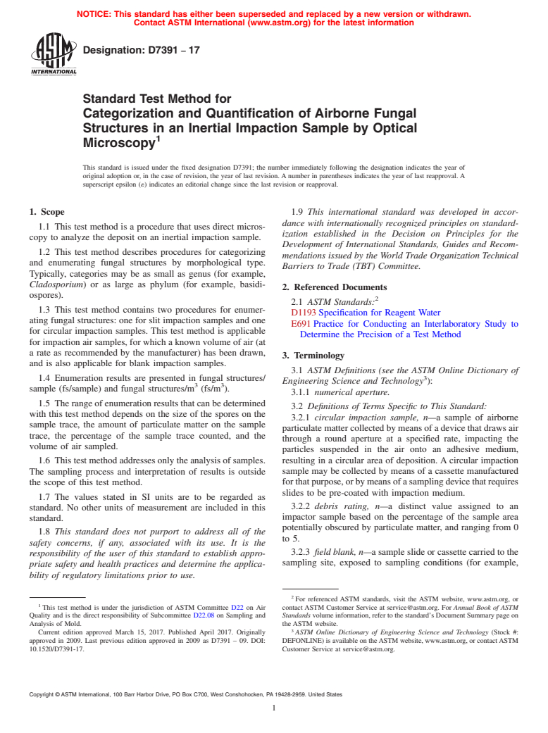 ASTM D7391-17 - Standard Test Method for  Categorization and Quantification of Airborne Fungal Structures  in an Inertial Impaction Sample by Optical Microscopy