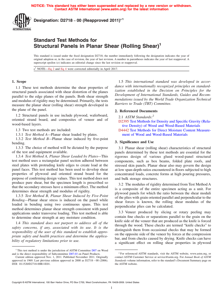 ASTM D2718-00(2011)e1 - Standard Test Methods for Structural Panels in Planar Shear (Rolling Shear)