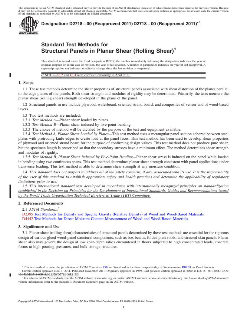 REDLINE ASTM D2718-00(2011)e1 - Standard Test Methods for Structural Panels in Planar Shear (Rolling Shear)