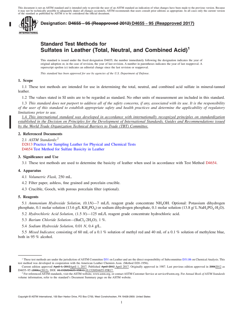 REDLINE ASTM D4655-95(2017) - Standard Test Methods for  Sulfates in Leather (Total, Neutral, and Combined Acid)