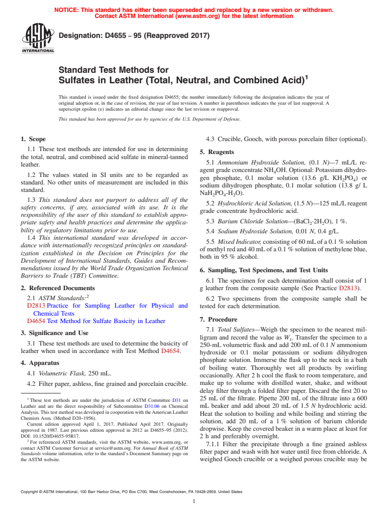 ASTM D4655-95(2017) - Standard Test Methods for  Sulfates in Leather (Total, Neutral, and Combined Acid)