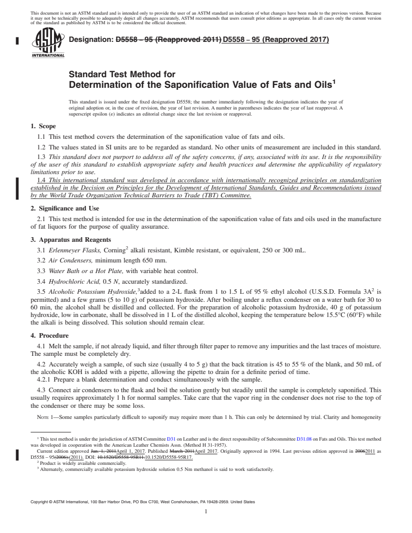 REDLINE ASTM D5558-95(2017) - Standard Test Method for  Determination of the Saponification Value of Fats and Oils