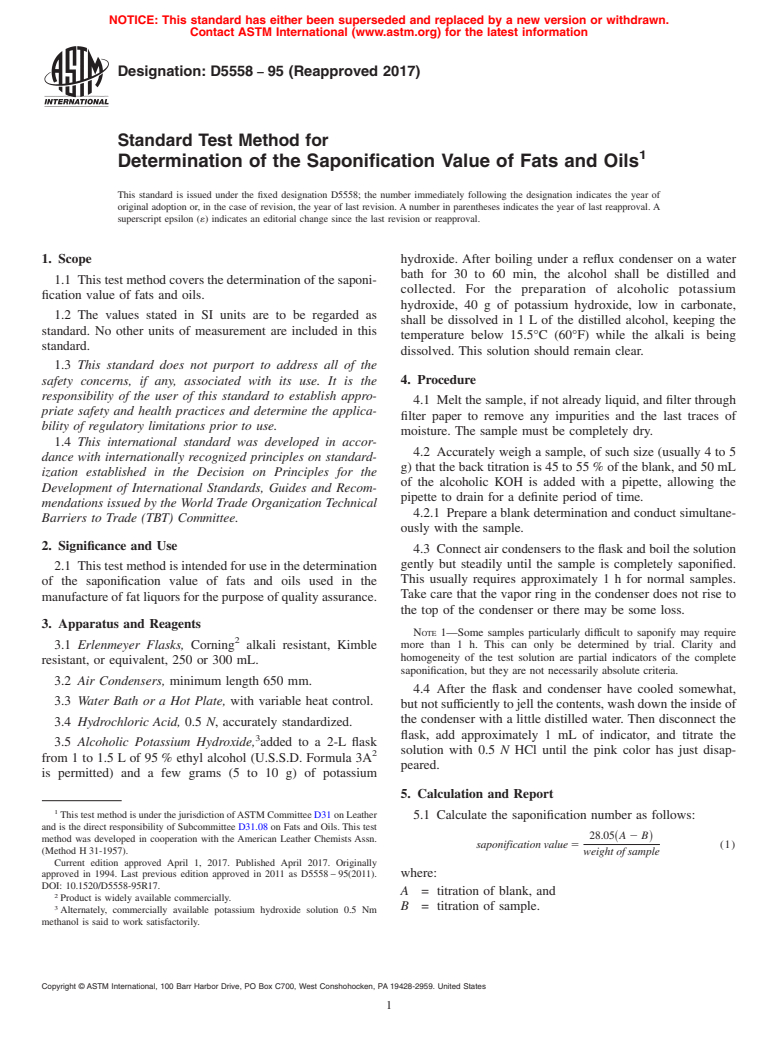 ASTM D5558-95(2017) - Standard Test Method for  Determination of the Saponification Value of Fats and Oils