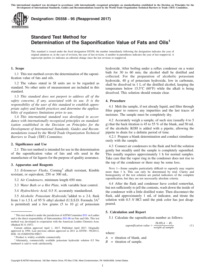 ASTM D5558-95(2017) - Standard Test Method for  Determination of the Saponification Value of Fats and Oils