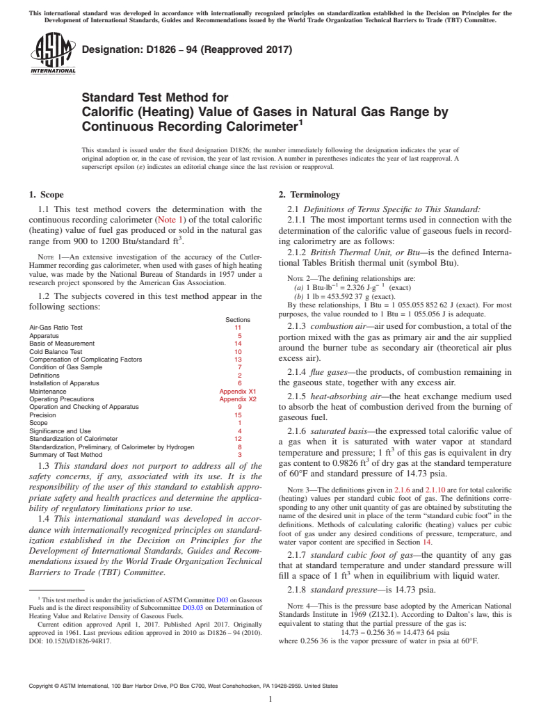 ASTM D1826-94(2017) - Standard Test Method for  Calorific (Heating) Value of Gases in Natural Gas Range by   Continuous Recording Calorimeter