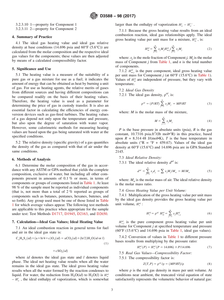 ASTM D3588-98(2017) - Standard Practice for  Calculating Heat Value, Compressibility Factor, and Relative  Density of Gaseous Fuels