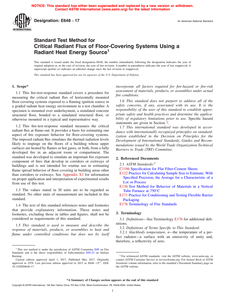 ASTM E648-17 - Standard Test Method for  Critical Radiant Flux of Floor-Covering Systems Using a Radiant  Heat Energy Source