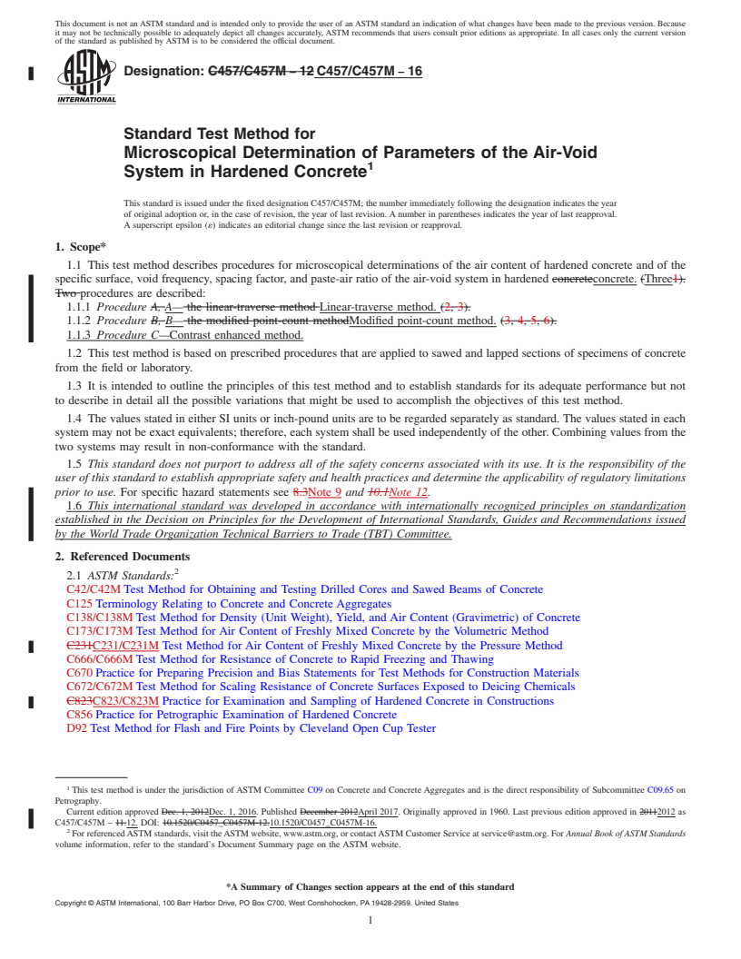 REDLINE ASTM C457/C457M-16 - Standard Test Method for  Microscopical Determination of Parameters of the Air-Void System  in Hardened Concrete