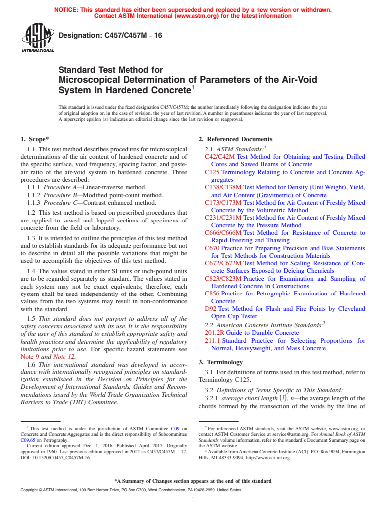 ASTM C457/C457M-16 - Standard Test Method for  Microscopical Determination of Parameters of the Air-Void System  in Hardened Concrete