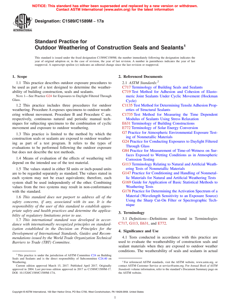 ASTM C1589/C1589M-17a - Standard Practice for Outdoor Weathering of Construction Seals and Sealants