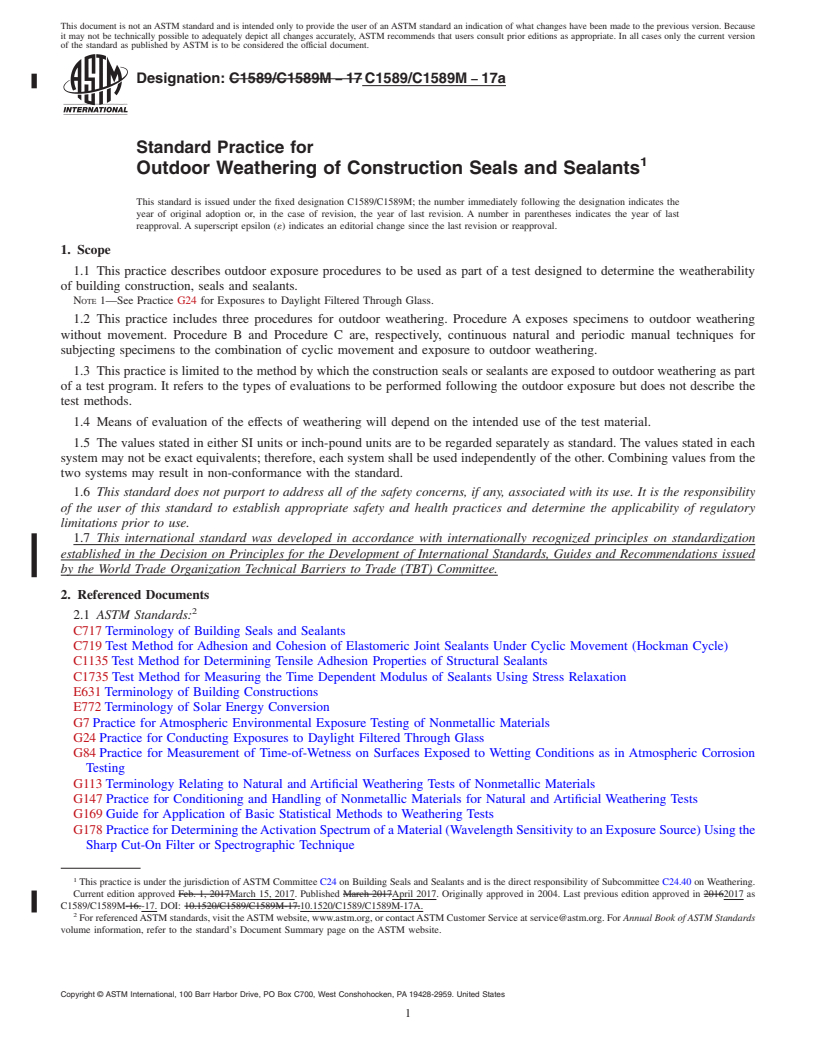 REDLINE ASTM C1589/C1589M-17a - Standard Practice for Outdoor Weathering of Construction Seals and Sealants