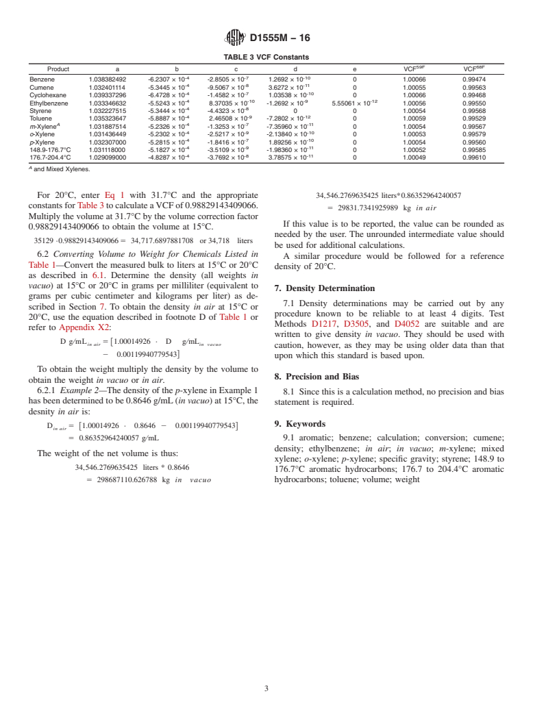 ASTM D1555M-16 - Standard Test Method for Calculation of Volume and Weight of Industrial Aromatic Hydrocarbons         and Cyclohexane [Metric]