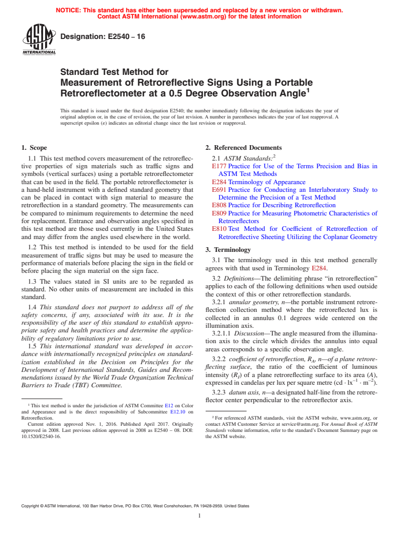 ASTM E2540-16 - Standard Test Method for Measurement of Retroreflective Signs Using a Portable Retroreflectometer        at a 0.5 Degree Observation Angle