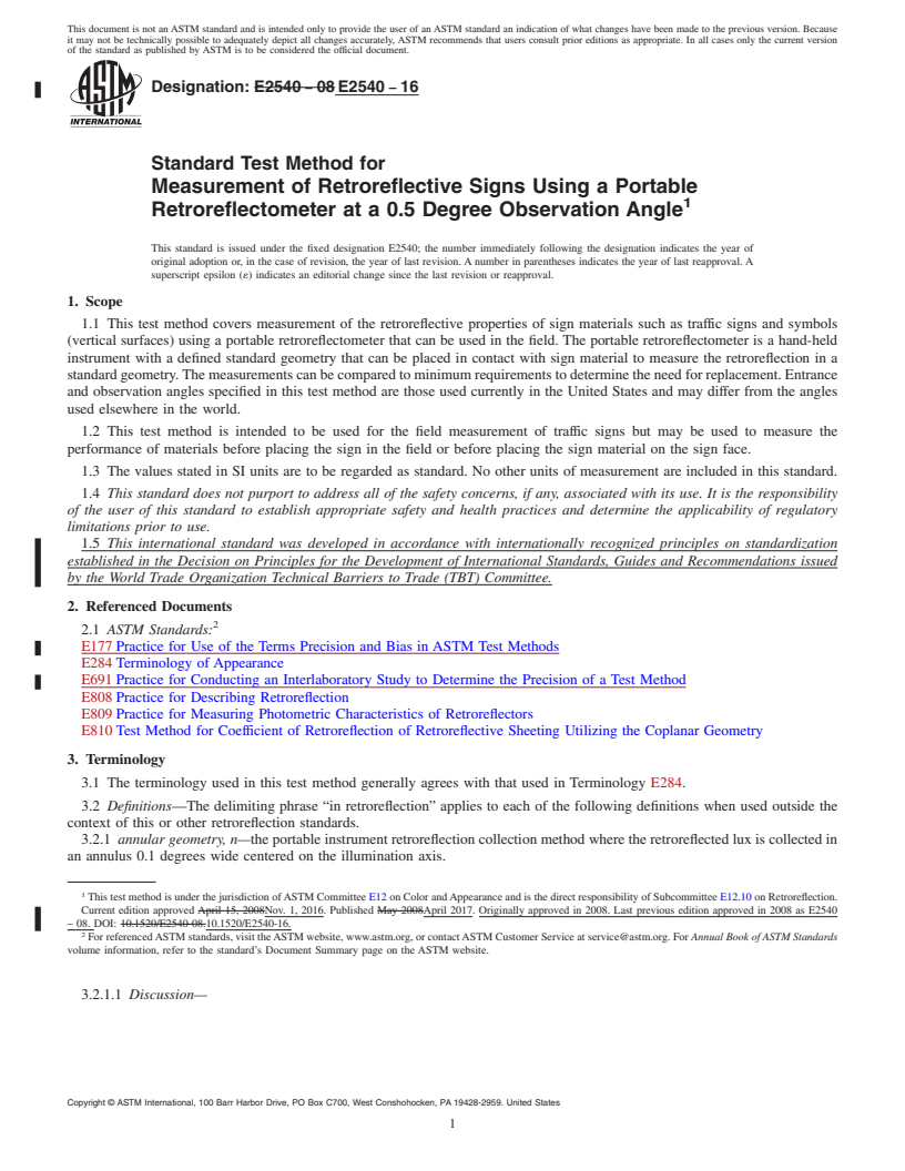 REDLINE ASTM E2540-16 - Standard Test Method for Measurement of Retroreflective Signs Using a Portable Retroreflectometer        at a 0.5 Degree Observation Angle