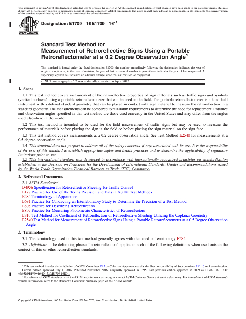 REDLINE ASTM E1709-16e1 - Standard Test Method for Measurement of Retroreflective Signs Using a Portable Retroreflectometer     at a 0.2 Degree Observation Angle