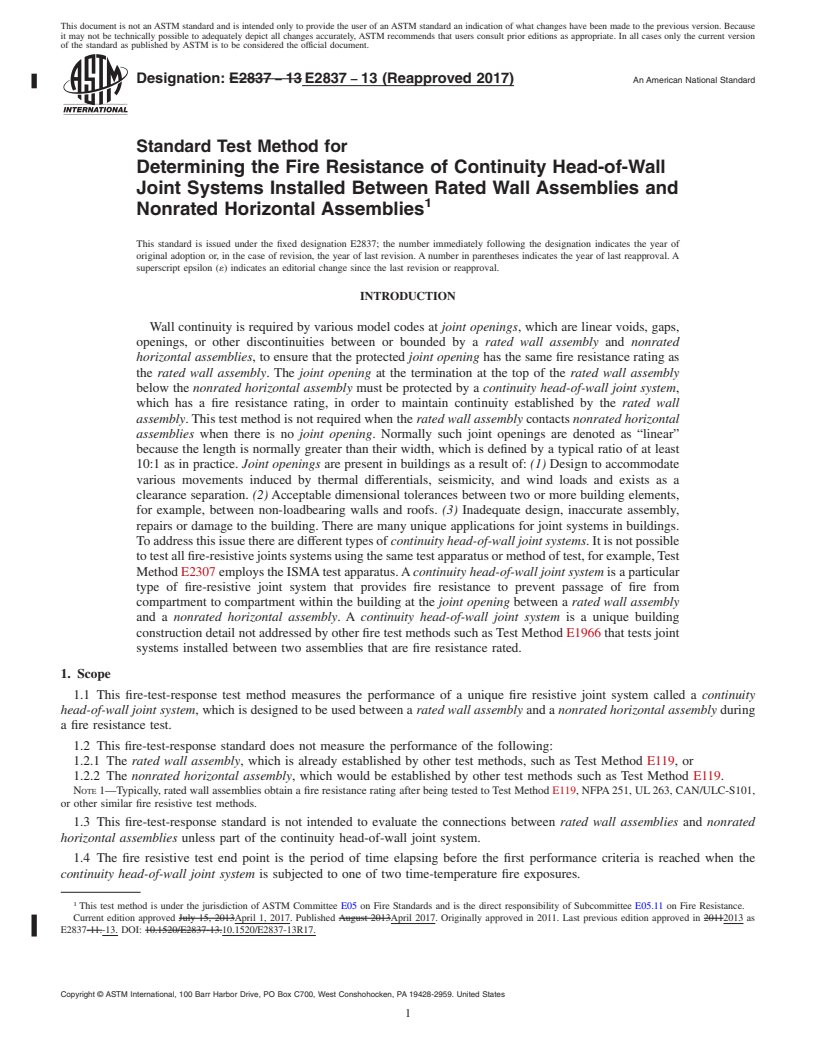 REDLINE ASTM E2837-13(2017) - Standard Test Method for  Determining the Fire Resistance of Continuity Head-of-Wall  Joint Systems Installed Between Rated Wall Assemblies and Nonrated  Horizontal Assemblies