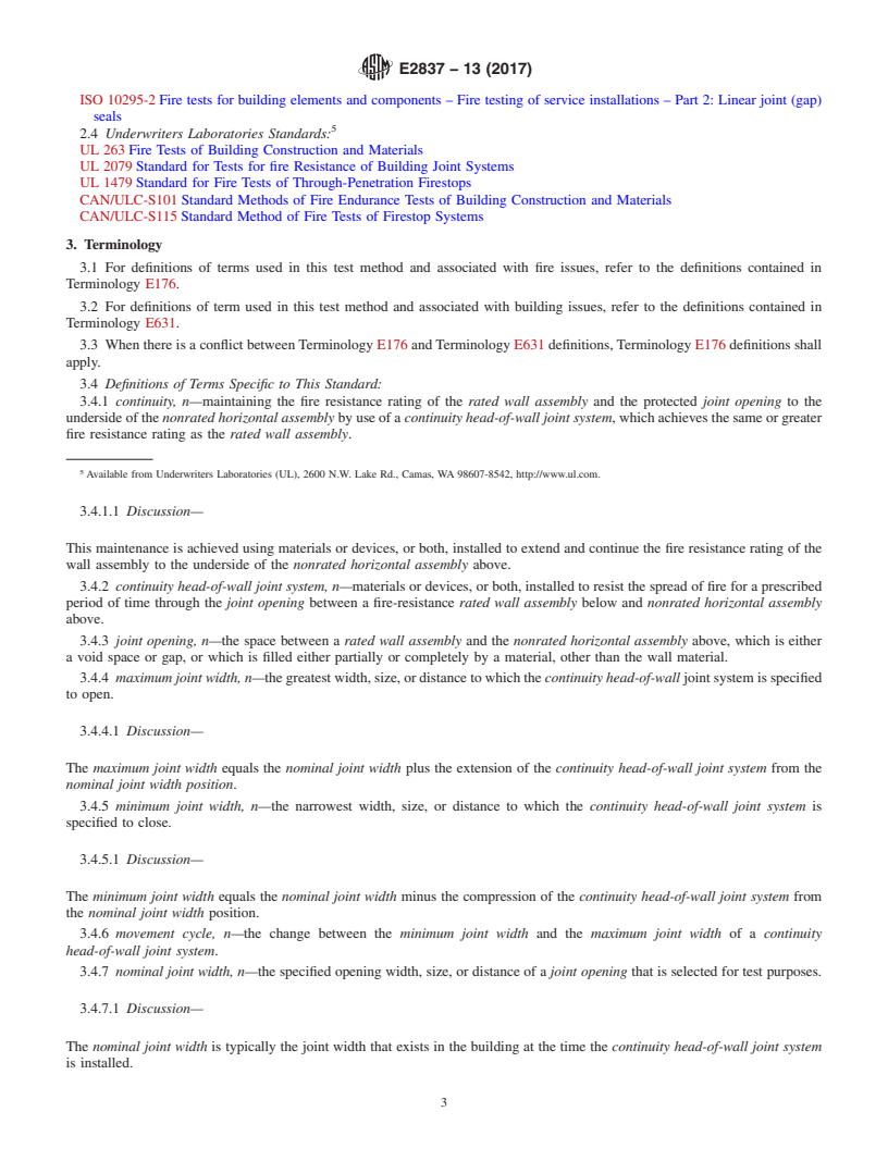 REDLINE ASTM E2837-13(2017) - Standard Test Method for  Determining the Fire Resistance of Continuity Head-of-Wall  Joint Systems Installed Between Rated Wall Assemblies and Nonrated  Horizontal Assemblies