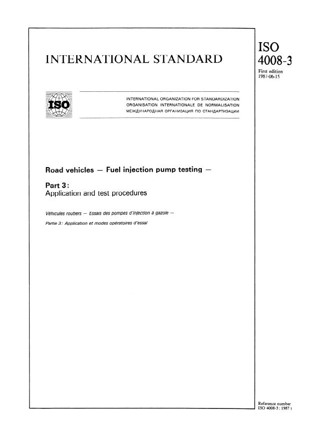 ISO 4008-3:1987 - Road vehicles -- Fuel injection pump testing