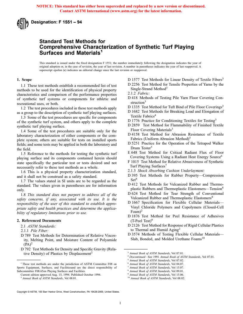 ASTM F1551-94 - Standard Test Methods for Comprehensive Characterization of Synthetic Turf Playing Surfaces and Materials