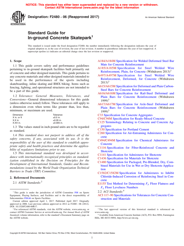 ASTM F2480-06(2017) - Standard Guide for  In-ground Concrete Skatepark