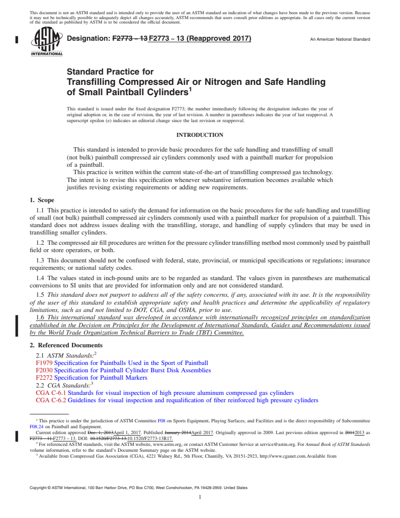 REDLINE ASTM F2773-13(2017) - Standard Practice for Transfilling Compressed Air or Nitrogen and Safe Handling of  Small Paintball Cylinders