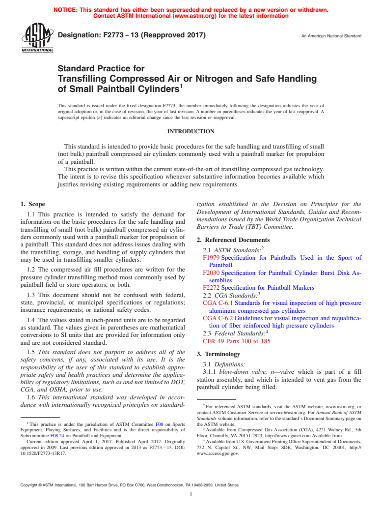 ASTM F2773-13(2017) - Standard Practice for Transfilling Compressed Air or Nitrogen and Safe Handling of  Small Paintball Cylinders